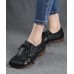 Simple Lace Up Flat Feet Shoes Black Cowhide Leather Hollow Out Penny Loafers