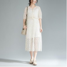 fine long cotton dress oversize lace Lacing Two Pieces Set 12 Sleeve Pleated Dress