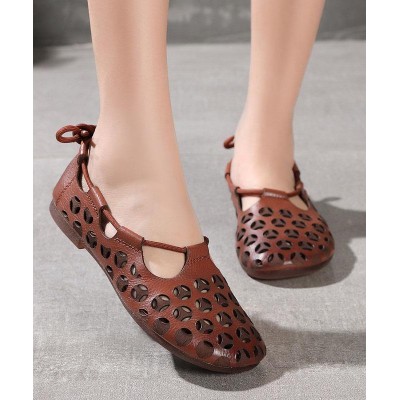 Chocolate Flat Shoes Cowhide Leather Vintage Hollow Out Flats
