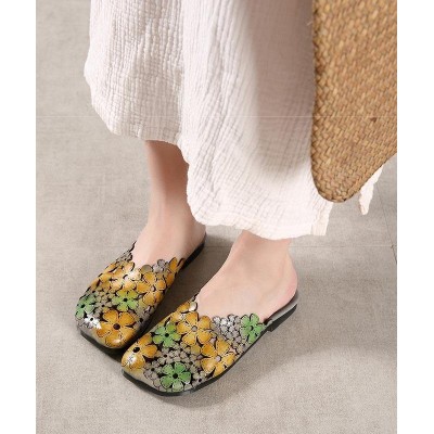 Green Cowhide Leather Hollow Out Slide Sandals For Women