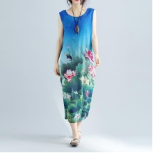 fine blue floral long cotton dress plussize sleeveless long cotton dresses boutique side open cotton clothing dresses