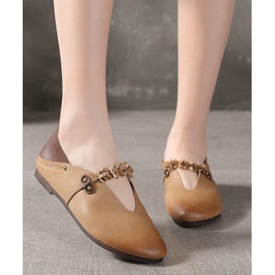 Khaki Flat Feet Shoes Cowhide Leather Boho Splicing Flat Shoes For Women